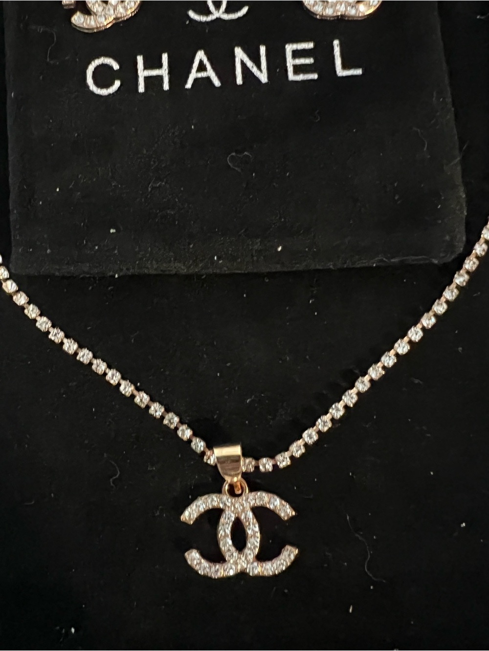 CHANEL Gold and Clear Crystal CC Pendant Necklace with Dangle Earrings - Picture 11 of 12